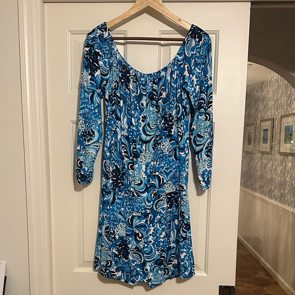 Lilly Pulitzer Blue and White off the shoulder Long Sleeve Dress/Romper